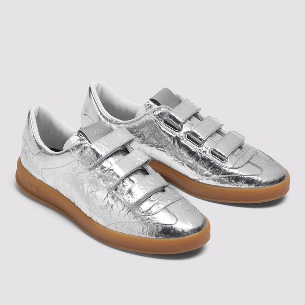 P448 Capri Stellar Sneakers Silver Velcro Metallic Shoes Women’s Size 36 NEW NWT